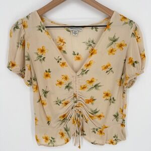 AE Crop Top Blouse XS Cinch Front Ditsy Floral Yellow Boho Romantic Coquette